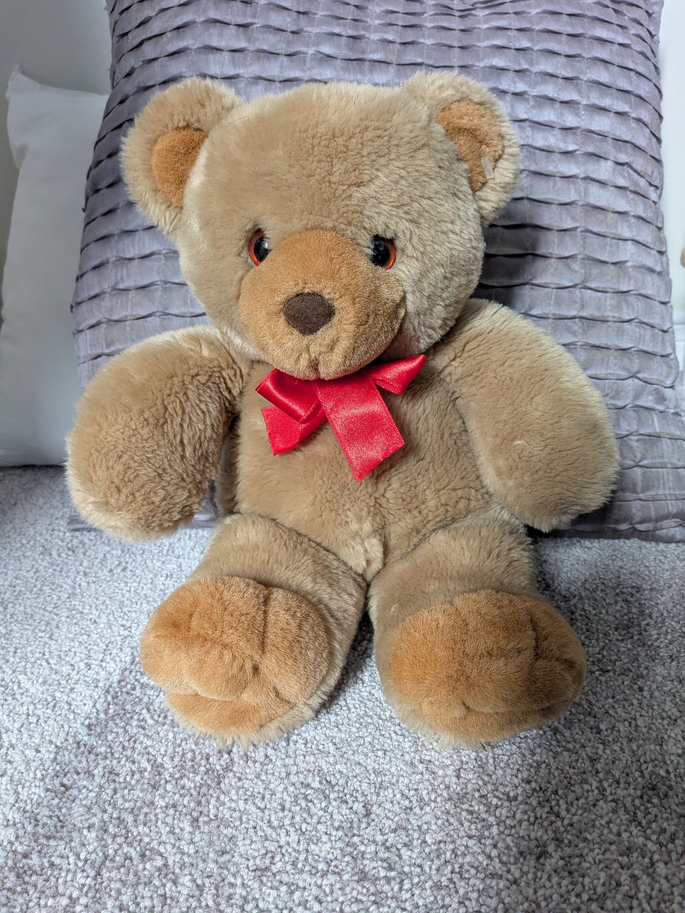 Creature Comfort Vintage Plush Brown Teddy Bear with Red Bow